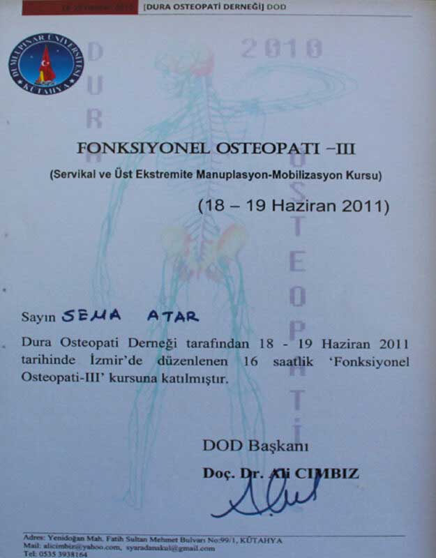 Fzt. Sema Danışık Fonksiyonel Osteopati 3 Servikal ve Üst Extremite Manuplasyon-Mobilizasyon Sertifikası